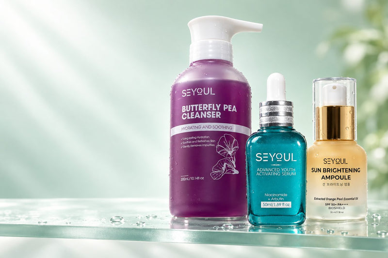 A gel cleanser, a serum and a sun ampoule on a pale jade glass shelf