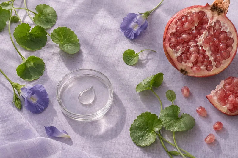 Centella leaves, butterfly pea flowers and pomegranate on lavender linen