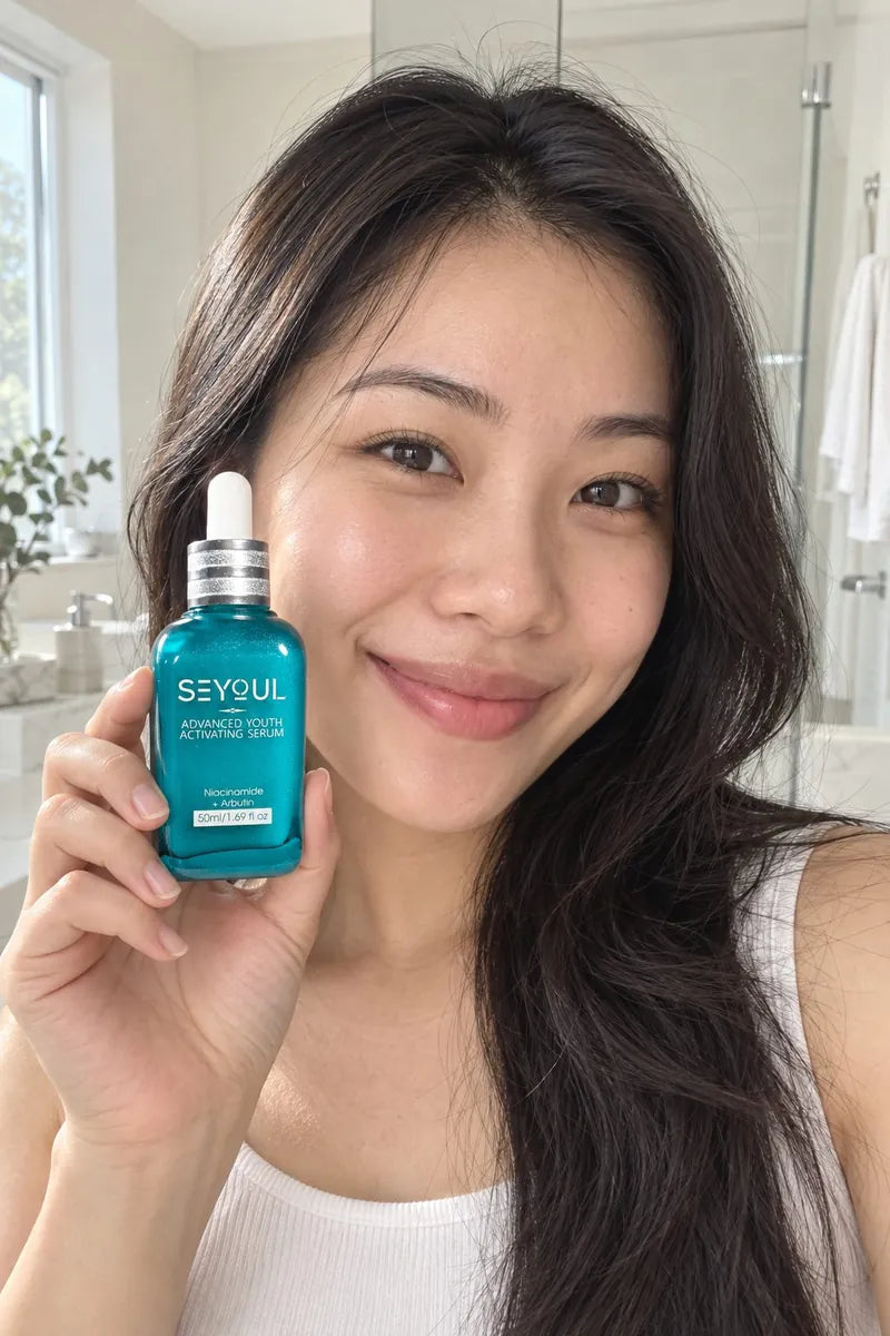 A woman holding a SEYOUL serum bottle in soft light